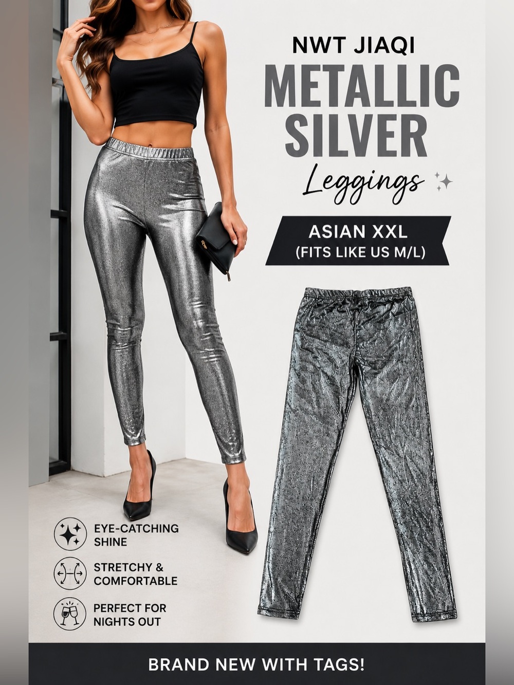 NWT Metallic Silver Foil Leggings Women’s Stretch Pants Asian XXL Fits US M/L